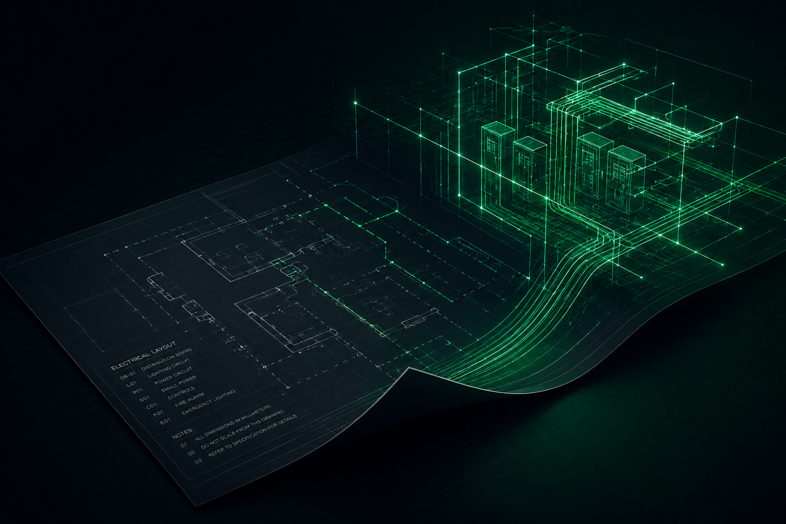 Electrical layout drawing with a glowing 3D distribution board and circuit routing model